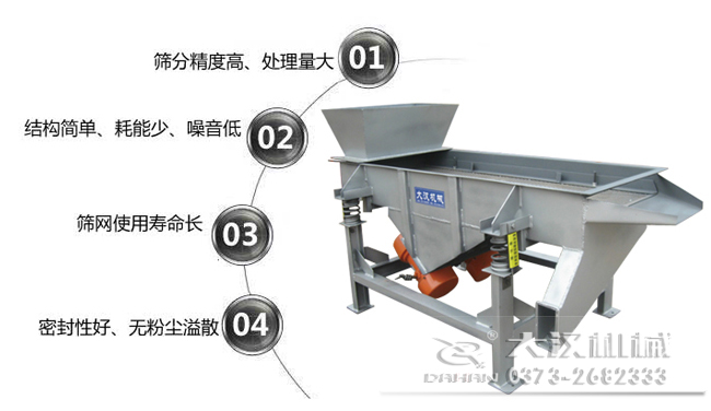 1016型直線振動(dòng)篩特點(diǎn)：1，篩分精度高，處理量大。2，結(jié)構(gòu)簡(jiǎn)單，耗能少，噪音低，3，篩網(wǎng)使用壽命長，密封性好無粉塵溢散。