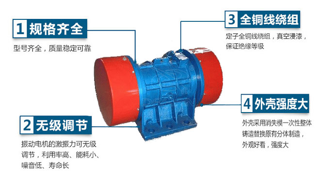 VB振動(dòng)電機(jī)特點(diǎn)：1，規(guī)格齊全：型號(hào)齊全，質(zhì)量穩(wěn)定可靠。2，無極調(diào)節(jié)：振動(dòng)電機(jī)的激振力可無極調(diào)節(jié)，利用率高，能耗小，噪音低，壽命長(zhǎng)。4，外殼輕度大：外殼采用消失模一次性整體鑄造替換原有分體制造，外觀好看，強(qiáng)度大。