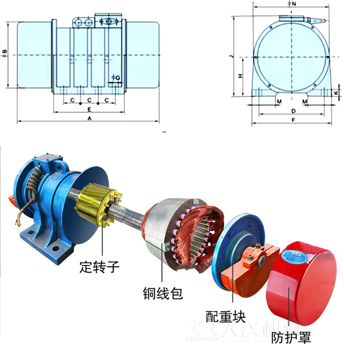 YZS振動(dòng)電機(jī)內(nèi)部主要部件：定轉(zhuǎn)子，銅線包，配重塊，防護(hù)罩。