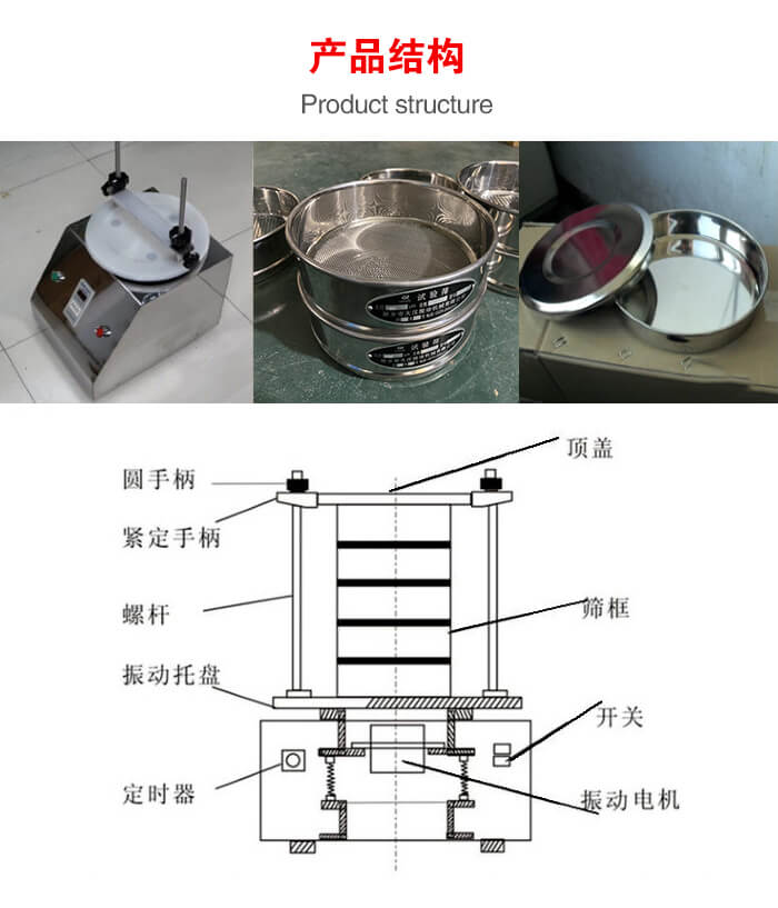 實(shí)驗(yàn)室振動(dòng)篩-試驗(yàn)篩結(jié)構(gòu)主要由：圓手柄，緊定手柄，螺桿，振動(dòng)托盤，篩框，頂蓋等。